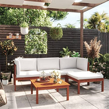 WEHUOSIF Solid Acacia Wood 5-Piece Outdoor Lounge Set with Cream White Cushions, Modular Garden Seating for Patio