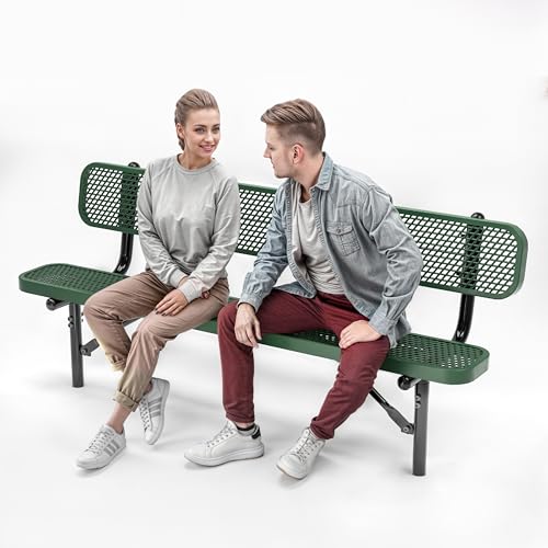 OUTTANS Heavy-Duty Outdoor Metal Bench (6 Ft - Inground with Back, Green)