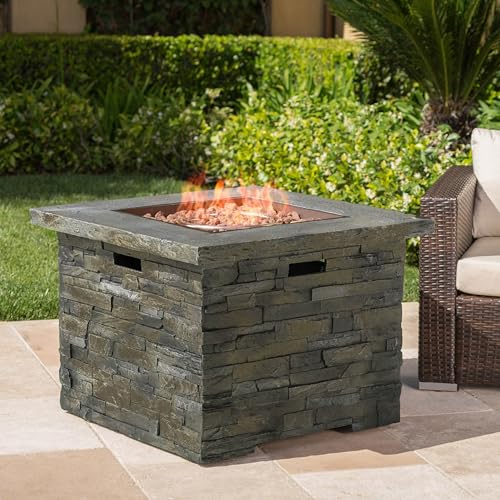 FammyLoft Outdoor Propane Fire Pit Table, 33 Inch Square MGO Concrete Fire Pit with Lava Rocks, Smokless Fire Table for Outside Patio, Garden, Backyard, 40,000 BTU, Tank Inside, Stone Gray
