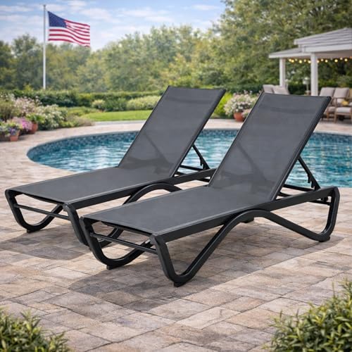 Kozyard Outdoor Chaise Lounge Chair, All Aluminum Frame and Textilene Fabric, Fully Flat Adjustable Reclining Patio Lounger for Pool Sun Shelf, Tanning Ledge, Sunbathing & Backyard (Gray, 2Chairs)