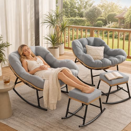 Easyego 2-Piece Oversized Papasan Rocking Chairs with Ottoman for Indoor Outdoor, Comfortable Wicker Rocker for Deck, Balcony, Poolside, Lawn, Bedroom, Living Room, Light Grey