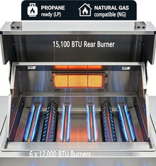 6 Burner Built In Gas Grill Island Head, Stainless Steel 39 Inch Propane Grill with Rear Burner, 72,000 BTUs, 684 SQ In Racks with Dual Fuel Compatibility