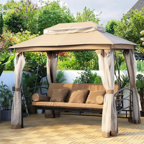 vhdurike Outdoor Patio Swing Chair, 3 in 1 Gazebo Swing with Cushion, Pillow, Curtains, Deluxe Patio Porch Swing, Double Roof Canopy Cover for Patio Garden Backyard