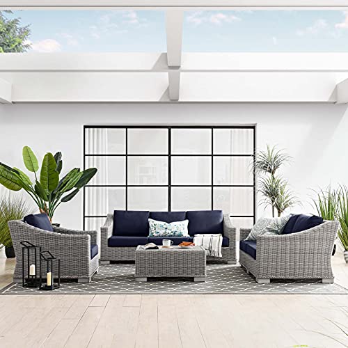 Lounge Sectional Sofa Chair Set, Rattan, Wicker, Grey Gray Blue Navy, Modern, Outdoor Cafe Bistro