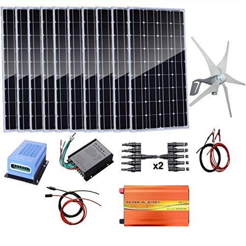 AUECOOR 1.4Kw Wind Solar Power: 400W Wind Turbine Generator & 10pcs 100W Mono Solar Panels & 3000W 24V Off Grid Pure Sine Wave Inverter(Peak 6000W) & Cable Connector Home Boat RV