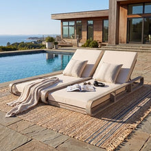 Merax Double Chaise Lounge Chair Outdoor with 4-Position Adjustable Backrest for Each Seat & 3-Fold Cushions, Acacia Wood Pool Sun Lounger for Patio Garden Beach, 800lbs Capacity, Cream+Light White