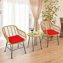 DUYHBAWRS 3PCS Patio Bistro Rattan Furniture Set Cushioned Chair W/Table Red
