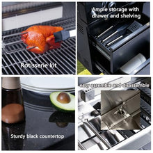 RGWYGCG 4-Burner Propane Gas Grill with Rotisserie Kit & Side Burner, Heavy Duty Outdoor Kitchen Grilling Station with Prep Table, Drawers & Cabinet for Backyard BBQ