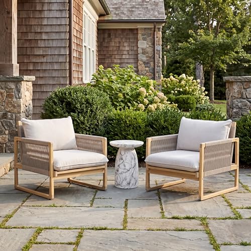 Christopher Knight Home Mina 3 Piece Outdoor Accent Chairs Set of 2 with Thick Cushions & MGO Round Side Table, Acacia Wood Outdoor Bistro Set for 2, Patio Furniture Set, Light Teak+Beige+Marble