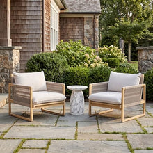 Christopher Knight Home Mina 3 Piece Outdoor Accent Chairs Set of 2 with Thick Cushions & MGO Round Side Table, Acacia Wood Outdoor Bistro Set for 2, Patio Furniture Set, Light Teak+Beige+Marble