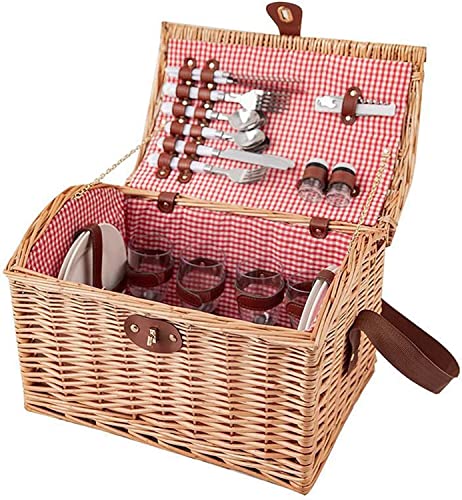 Rustic Picnic Basket, Willow Hamper Basket Sets with Utensils Cutlery Perfect for Picnic Handmade with Washable Lining Basket for Outdoor Camping