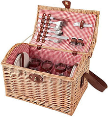 Rustic Picnic Basket, Willow Hamper Basket Sets with Utensils Cutlery Perfect for Picnic Handmade with Washable Lining Basket for Outdoor Camping