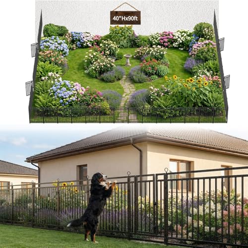 Decorative Garden Fence Metal Dog Fence Outdoor, 40in (H) x 90ft (L), 35 Panels + 5 Gates, Heavy Duty Garden Fencing Animal Barrier for Patio & Flower Bed, Black-Silver