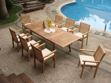 TeakStation 8 Seater Grade-A Teak Wood 9pc Dining Set: 94" Rectangle Table and 8 Hari Stacking Arm Chairs #TSDSHR7