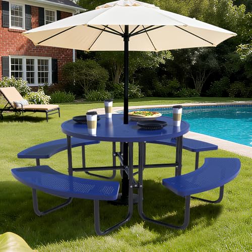 Dvasovio 46 Inch Round Metal Picnic Table with 1.78" Umbrella Hole, All Weather Rust-Proof Metal Frame, Mesh Tabletop, Seats Up to 8 People, Easy Assembly for Patio, Backyard, Camping & BBQ, Blue