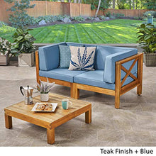 GDFStudio Outdoor Sectional Loveseat Set with Coffee Table | 2-Seater | Acacia Wood | Water-Resistant Cushions | Teak and Blue