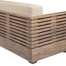 Armen Living Vivid Outdoor Patio Sofa in Light Eucalyptus Wood with Taupe Olefin Cushions
