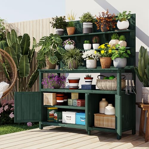 Merax Outdoor Potting Bench Table with Hutch, 50.2" Fir Wood Garden Workstation, Large Countertop, 2 Shelves, 2 Cabinets, 3 Side Hooks, Wooden Gardening Planting Table for Backyard, Patio, Green
