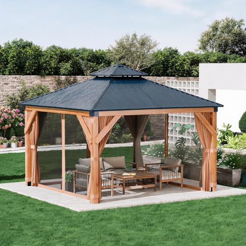 10x10 FT Hardtop Wood Gazebo: Cedar Frame Outdoor Pavilion with Double Galvanized Steel Roof, Curtains & Netting Included, Ceiling Hook – Perfect for Patio, Backyard, Deck, Lawn, or Garden