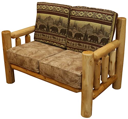 Furniture Barn USA White Cedar Log Santa Fe Loveseat with Bear Run and Emerson Buff Fabric