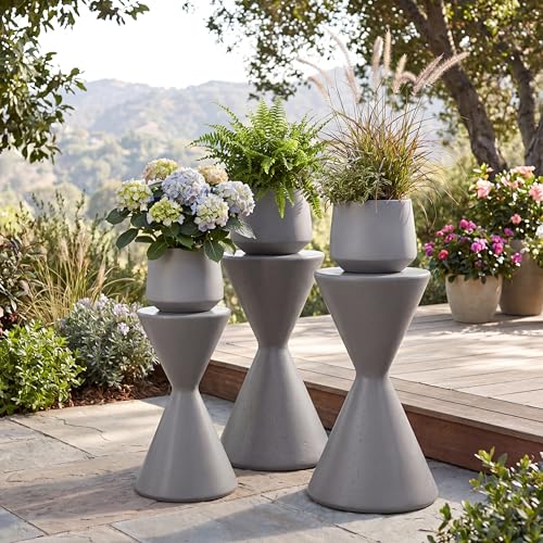 Christopher Knight Home Hazis Set of 3 Lightweight Concrete Plant Stand, Hourglass-shaped Indoor/Outdoor Side Table Set, Outdoor Plants Standing for Entryway/Garden, No Assembly Flower Stand, Gray