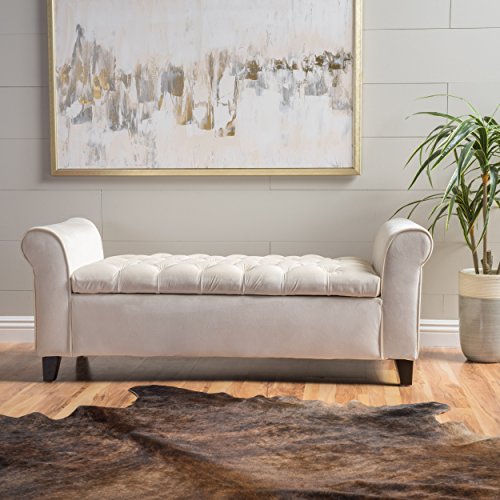 Renunbry 38" Ivory Fabric Storage Bench with Rolled Arms, Button Tufted Design, Black Wooden Legs for Living Room, Bedroom & Entryway