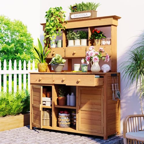 65.7'' H Tall Garden Potting Bench Table with Hutch, Patio Storage Workstation with 3 Shelves,6 Drawers,2 Bottom Cabinets & Side Hooks for Mudroom, Doorway (Natural)