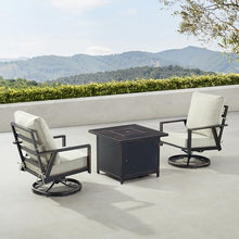Oakland Living Black Aluminum Patio Fire Table Bistro Set with Two Club Chairs with Light Grey Cushions