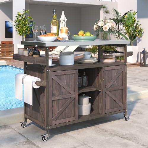 Trygoal 43.3“ Outdoor Grill Cart with Storage, Rolling Bar Cart, Dark Brown