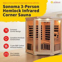 Heat Wave Sonoma 3 Person Corner Infrared Wood Sauna for Home - Thick Hemlock Interior with Chromotherapy Light & 7 Carbon Infrared Heaters for Energy-Efficient, Low EMF Infrared Sauna Relaxation