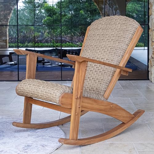 Cambridge Casual Camden Teak Porch Oversized Rocking Chair Beige Wicker, Padded Woven Seat, All-Weather Outdoor Deep Seating Rocking Chair with Built-in Quick Dry Cushion
