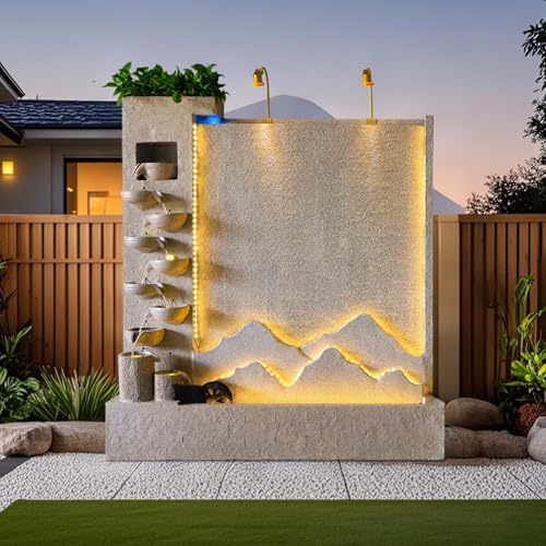 Retro Modern Stone Look Cascading Water Flowing Wall Fountain with LED Lights, 6.89FT Tall Indoor Outdoor Water Feature for Home Garden Entryway(Left)(#A)