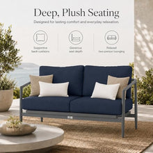Golden Flame Outdoor Loveseat, 2-Seat Patio Sofa with Powder-Coated Aluminum Frame, Olefin Rope Back, Sunbrella Cushions - Black Finish Frame, Spectrum Indigo Fabric