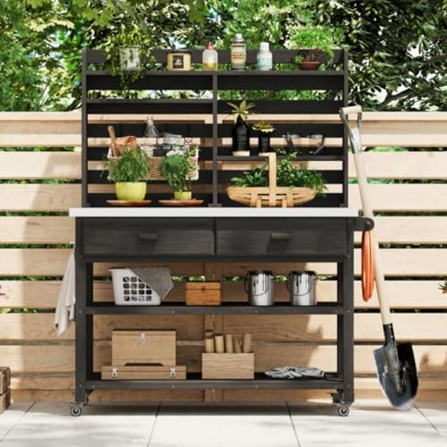 VOOTOLOVER 64.9" H Outdoor Potting Bench with Lockable Wheels, Black