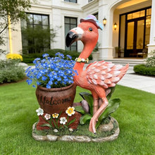 Outdoor Flamingo Planter Urn with Solar LED Lights, Resin Welcome Garden Statue Flower Container for Patio Porch Balcony Courtyard Walkway Lawn Entryway Decorative Yard Accent (Female Flamingo)