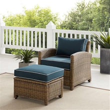 Afuera Living 2-Piece Wicker/Rattan Armchair & Ottoman Set, Navy/Weathered Brown Finish, Powder-Coated Steel Frame, Moisture-Proof Cushions, Handwoven Outdoor Furniture for Patio, Porch, or Balcony