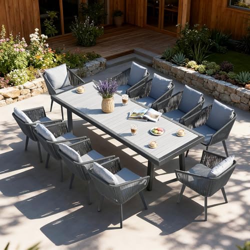 Home Care Wholesale 11 Pieces Patio Dining Set for 10 - All Weather Outdoor Dining Sets, All in One Outdoor Table and Chairs, Wicker Outdoor Patio Furniture Sets with Cushions and Pillows, Grey