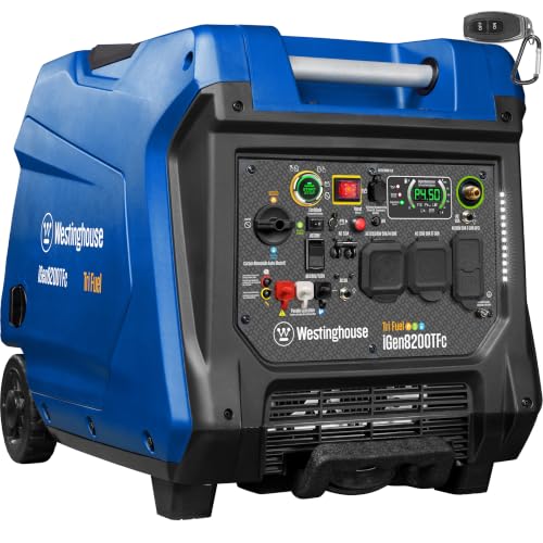 Westinghouse 8200 Peak Watt Tri-Fuel Portable Inverter Generator, Remote Electric Start, Transfer Switch Ready, Gas, Propane, Natural Gas, Low THD, Safe for Electronics, Parallel Capable, CO Sensor