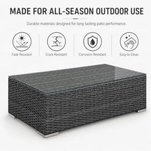 Golden Flame Long Outdoor Coffee Table, Rectangular Patio Wicker Coffee Table with Tempered Glass Top, HDPE Resin Wicker, Aluminum Frame, Brushed Aluminum Feet, Textured Slate