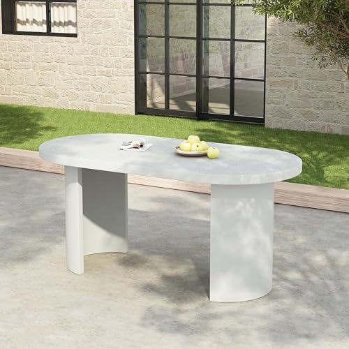 Christopher Knight Home Alan Modern Minimalist Concrete Outdoor Dining Table with White Terrazzo Tabletop, Oval Top Dining Table for 6, Pedestal Kitchen Table, Ideal for Family Gatherings, White