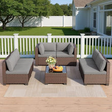 Qsun 7 Pieces Outdoor Patio Furniture Set, PE Rattan Outdoor Wicker Sectional Furniture Sofa Set, with Cushions and Glass Coffee Table, for Balcony, Porch, Garden, Grey