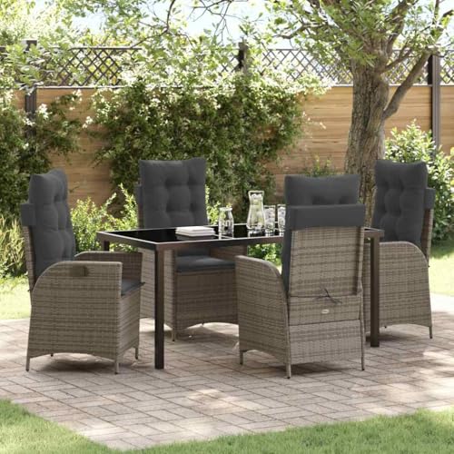 YNGBHFNOP Modern 5-Piece Outdoor Dining Set with Cushions, Grey Poly Rattan Patio Furniture Set for Garden Backyard Porch, All-Weather Wicker Table and Chairs