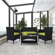 DUYHBAWRS 4PCS Patio Furniture Outdoor Garden Conversation Set Black Wicker 2 Armchairs+1 Sofa+ Table w/Green Cushion