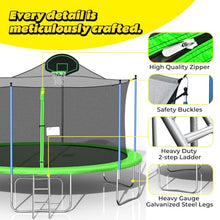 Roinoim 14FT Outdoor Trampoline with Swing, Slide, Basketball Hoop, Safety Enclosure, Ladder Green