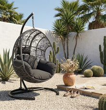 42 Inch Hanging Egg Chair with Stand, 400lb Capacity Outdoor Swing Chair with 8 Inch Thick Cushion and Waterproof Cover, Heavy Duty U-Base Hammock Chair for Patio Garden Balcony, Natural PE Rattan