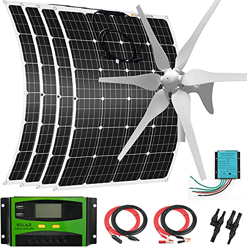 880 Watts 24 Volts Solar Wind Turbine Generator Power Hybrid System Kit: 1pc 400 Watt Wind Turbine + 4pcs 120W Flexible Mono Solar Panels Off Grid for Homes Roofs RV Bendable