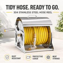 304 Stainless Steel Garden Hose Reel, Wall Mounted or Freestanding, Manual Crank, Holds up to 164 ft of 1/2 Inch Hose, Brass Fittings and Metal Nozzle 40m