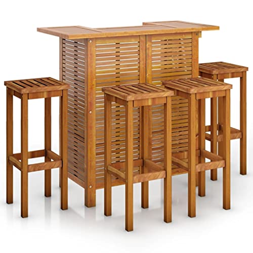 HKQWPBF Solid Acacia Wood Patio Bar Table and Stools Set, Outdoor Garden Bar Set with 2 Shelves and Footrests, Wooden Bistro Table for Patio Terrace