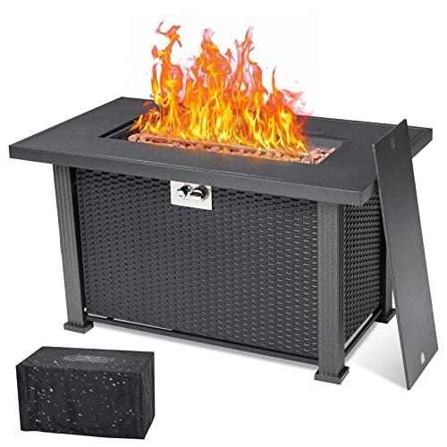 Garvee 44 in Propane Fire Pit Table, 50000BTU Rectangle Fire Table with Cover & Rain Cover, Sturdy Steel and Iron Fence Surface, CSA Safety Certified, Companion for Your Garden