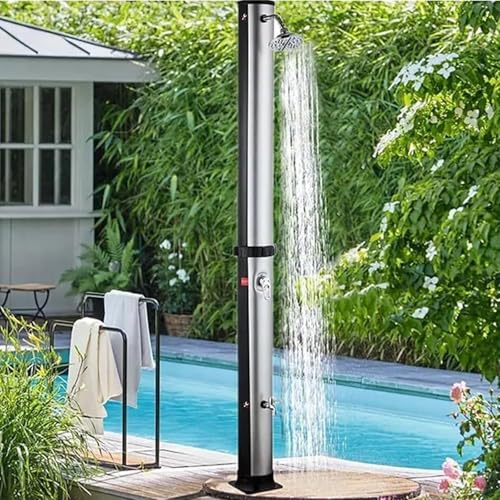 Vdniduir Solar Outdoor Shower, W/Shower Head/Foot Washer Tap, 38L Standing Poolside Garden Shower,for Backyard, Patio (Silver)